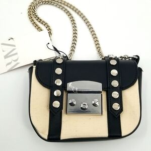 Zara Canvas & Eco Leather Mini Bag Crossbody w Silver Chain Strap & Accents